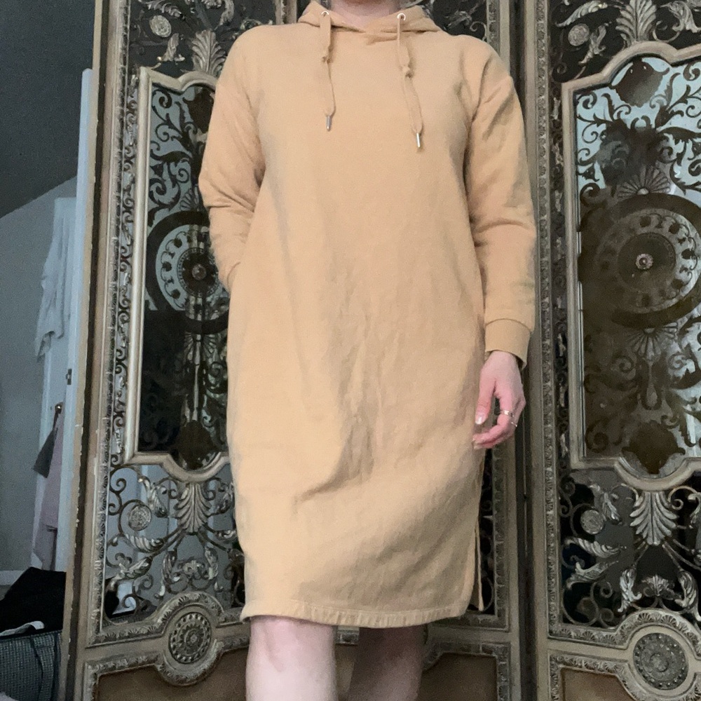 Casual Hooded Sweatshirt Dress in Camel